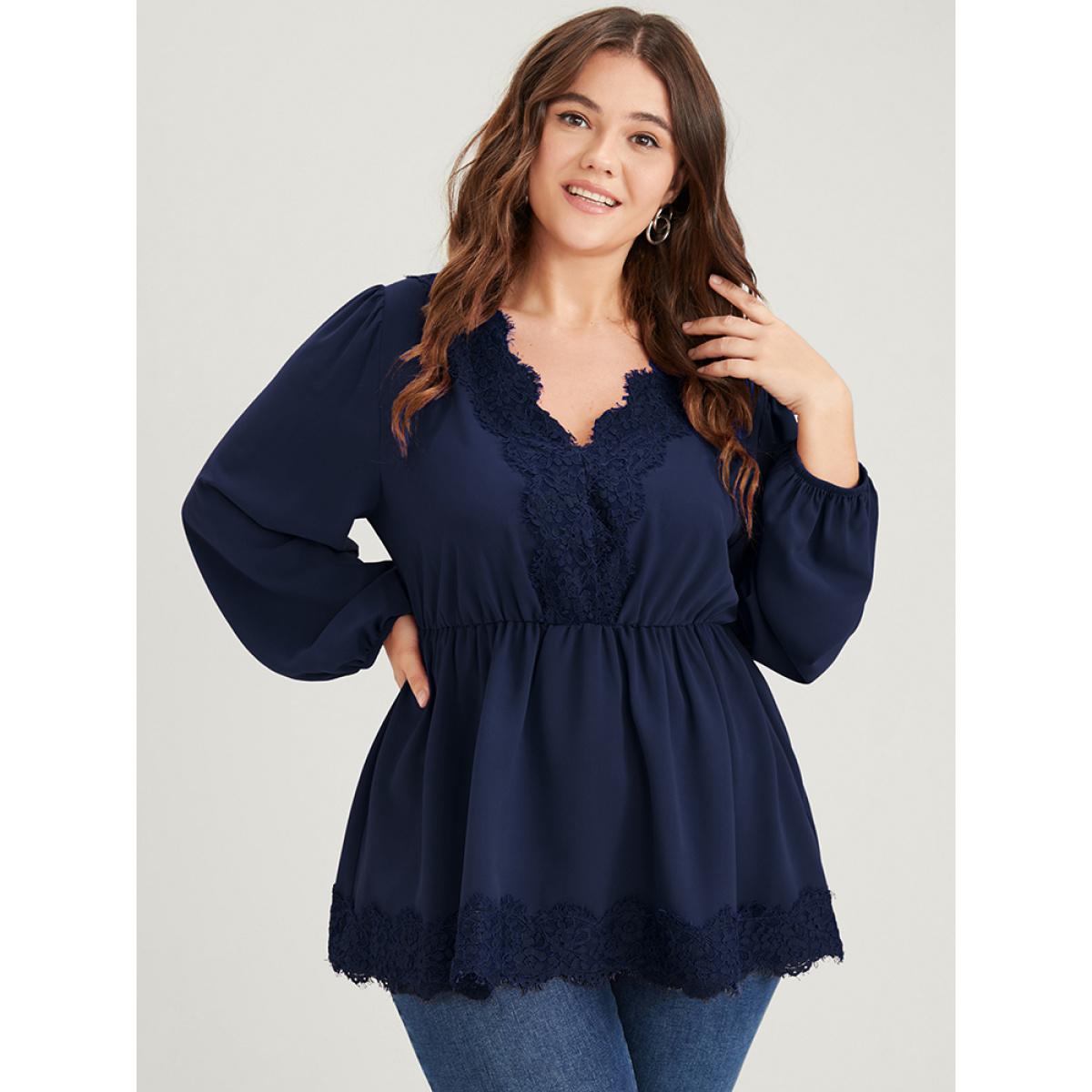 Plus Size Navy Solid Lantern Sleeve Ruffle Hem Lace Trim Blouse Women Elegant Long Sleeve V-neck Dailywear Blouses BloomChic 10/M Product Image