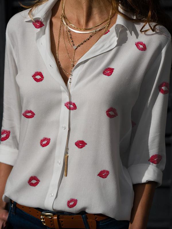 Long Sleeves Loose Buttoned Printed Lapel Blouses&Shirts Tops Product Image