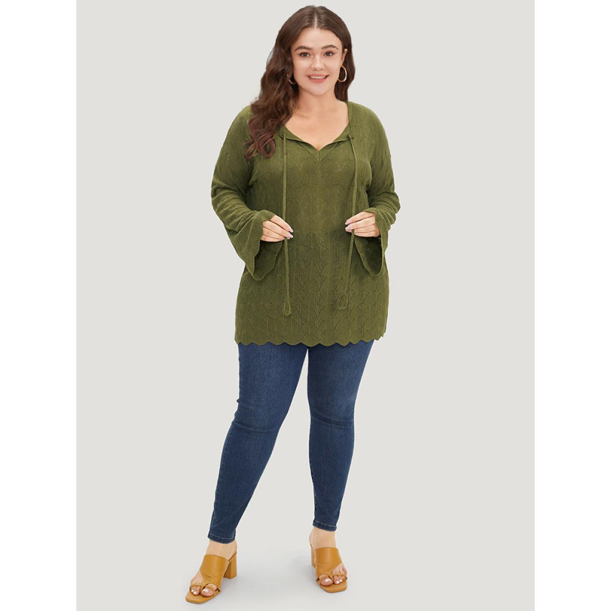 Plus Size Solid Ties Bell Sleeve Scalloped Trim Breathable Pullover Moss Women Casual Loose Long Sleeve V-neck Dailywear Pullovers BloomChic 28/5X Product Image