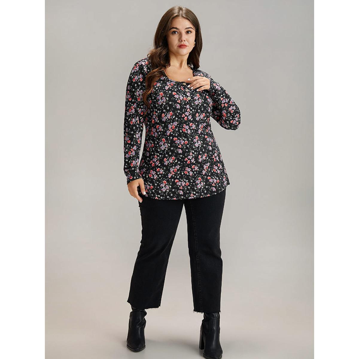 Plus Size Ditsy Floral Square Neck Button Up T-shirt Black Women Elegant Printed Ditsy Floral Square Neck Everyday T-shirts BloomChic 14-16/1X Product Image