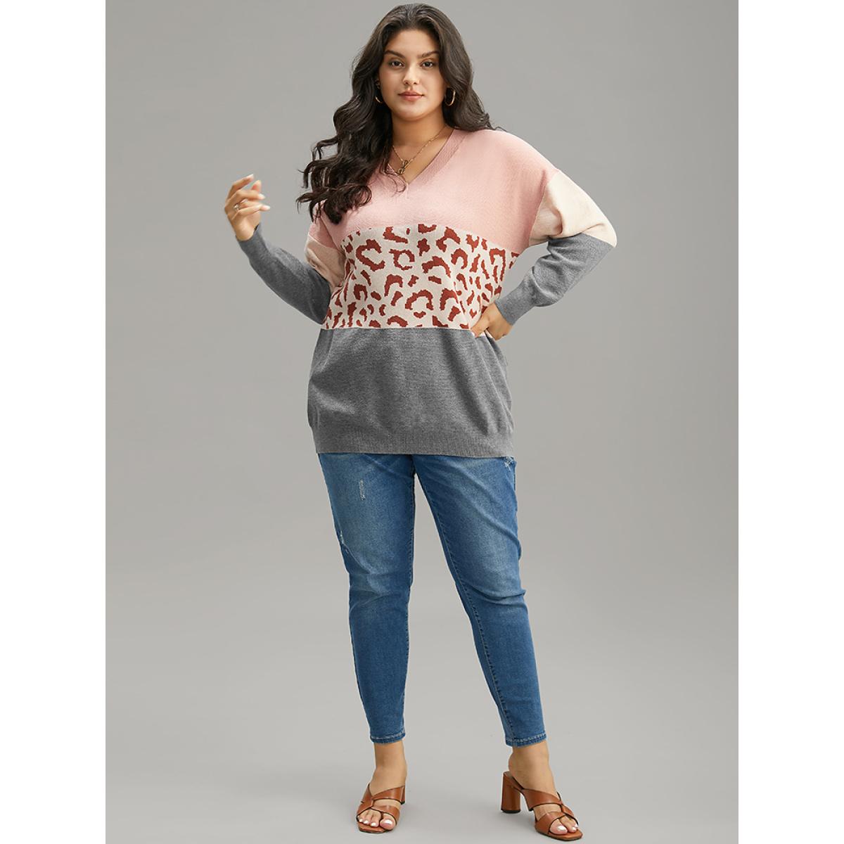 Plus Size Leopard Contrast Patchwork Batwing Sleeve Pullover Multicolor Women Casual Loose Long Sleeve V-neck Dailywear Pullovers BloomChic 18-20/2X Product Image