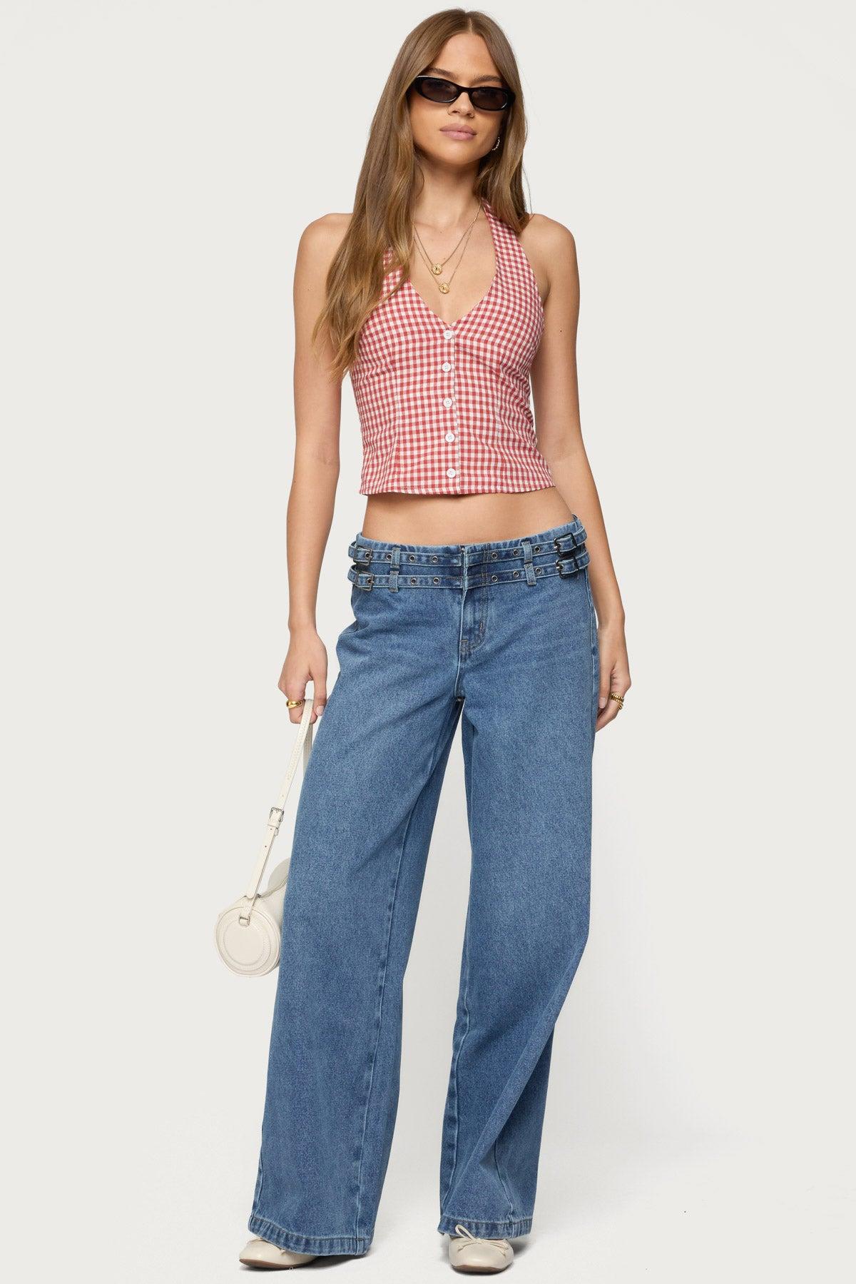 Evan Gingham Button Up Halter Top Product Image