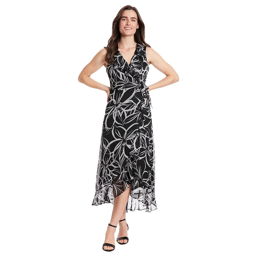 Women's London Times Floral Side-Tie Ruffle Maxi Wrap Dress, Size: 4, Black White Product Image