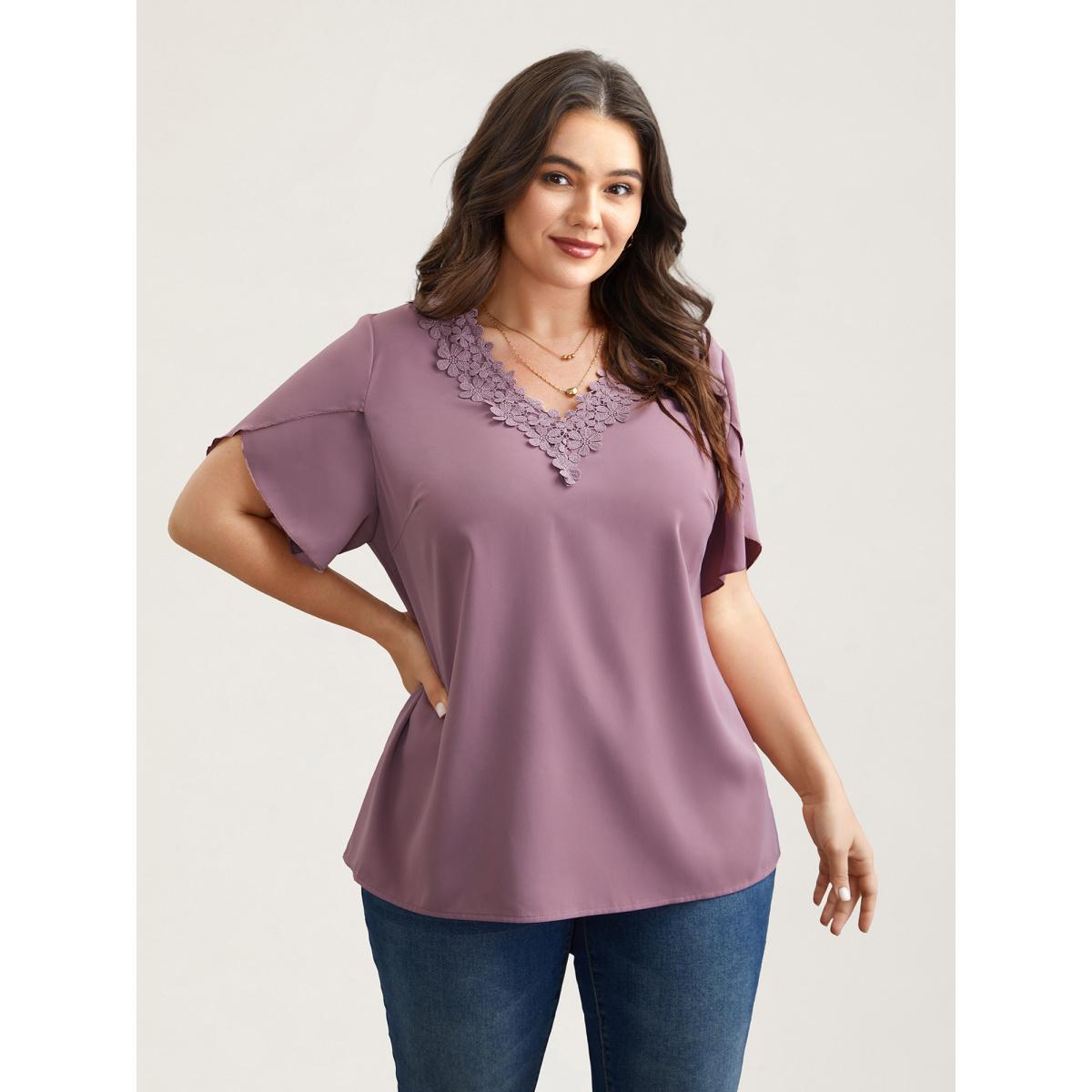 Plus Size Lilac Lace V-Neck Petal Sleeve Shirt Women Elegant Short sleeve V-neck Everyday Blouses BloomChic 22-24/3X Product Image