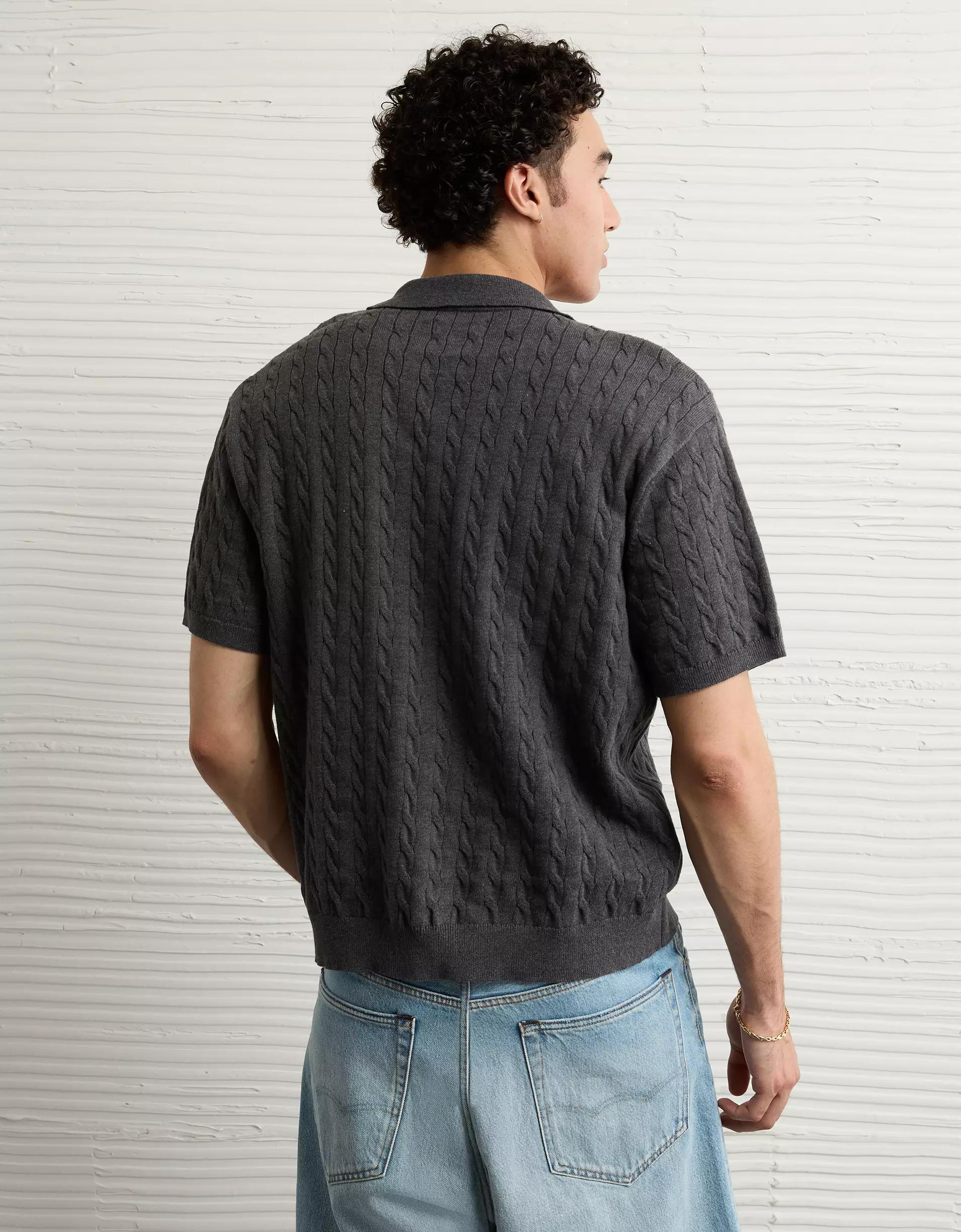 AE Weekend Cable Knit Button-Up Sweater Polo Shirt Product Image