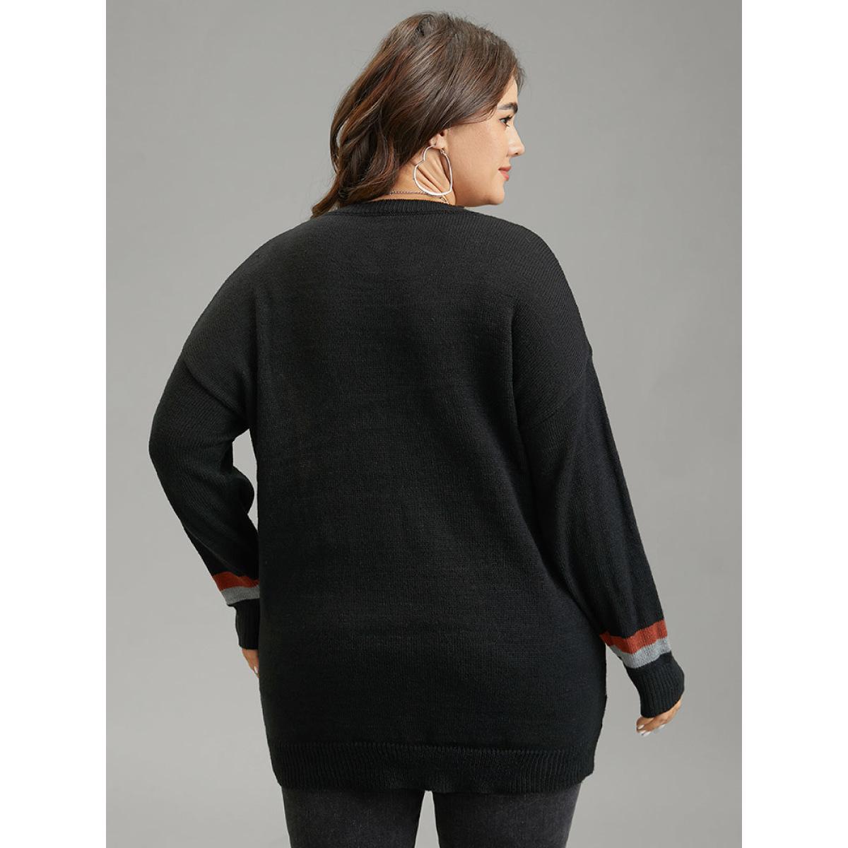 Plus Size Asymmetrical Colorblock Contrast Drop Shoulder Pullover Black Women Casual Loose Long Sleeve Round Neck Dailywear Pullovers BloomChic 28/5X Product Image