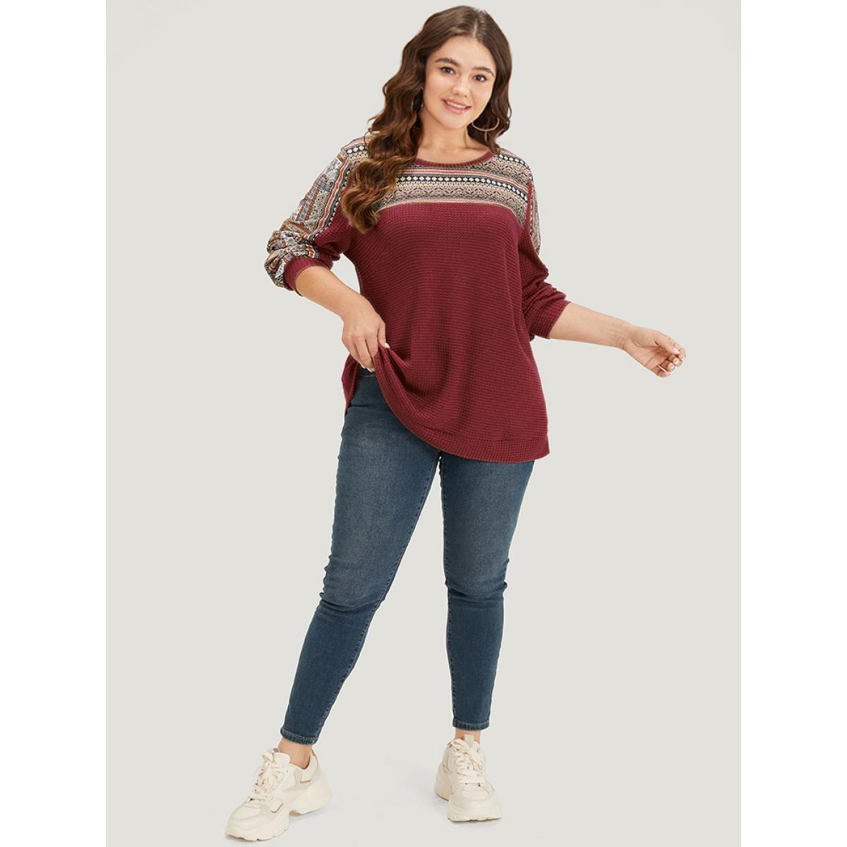 Plus Size Boho Print Patchwork Waffle Knit Crew Neck Sweatshirt Women Burgundy Casual Elastic cuffs Round Neck Dailywear Sweatshirts BloomChic 18-20/2X Product Image