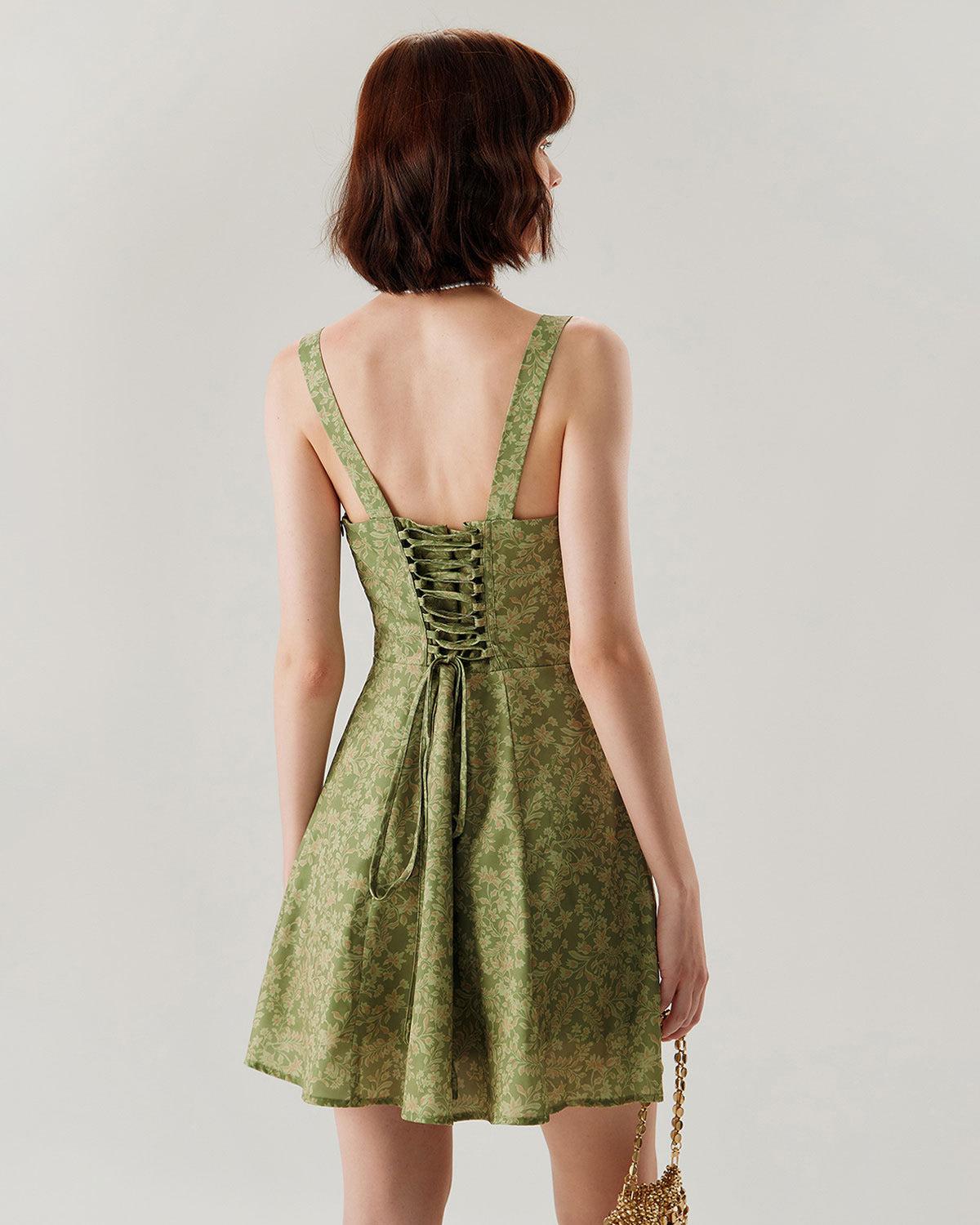 Green Floral Ruched Slip Mini Dress Product Image
