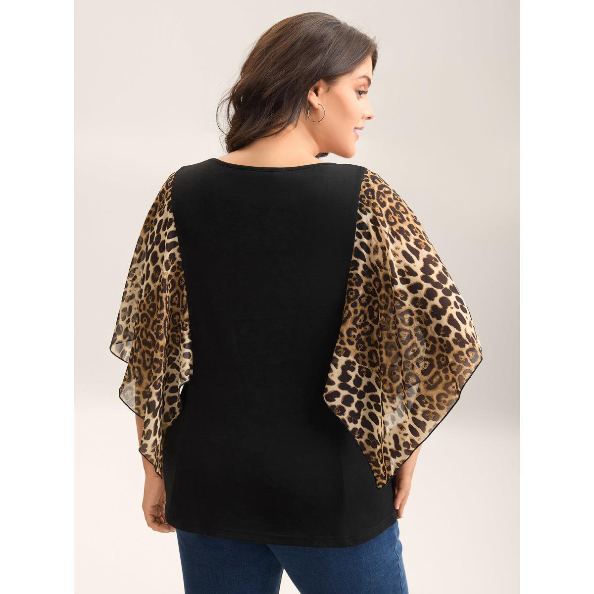 Plus Size Leopard Spliced Tied Flared Sleeve T-Shirt Black Women Casual Contrast V-neck Everyday T-shirts BloomChic 30/6X Product Image