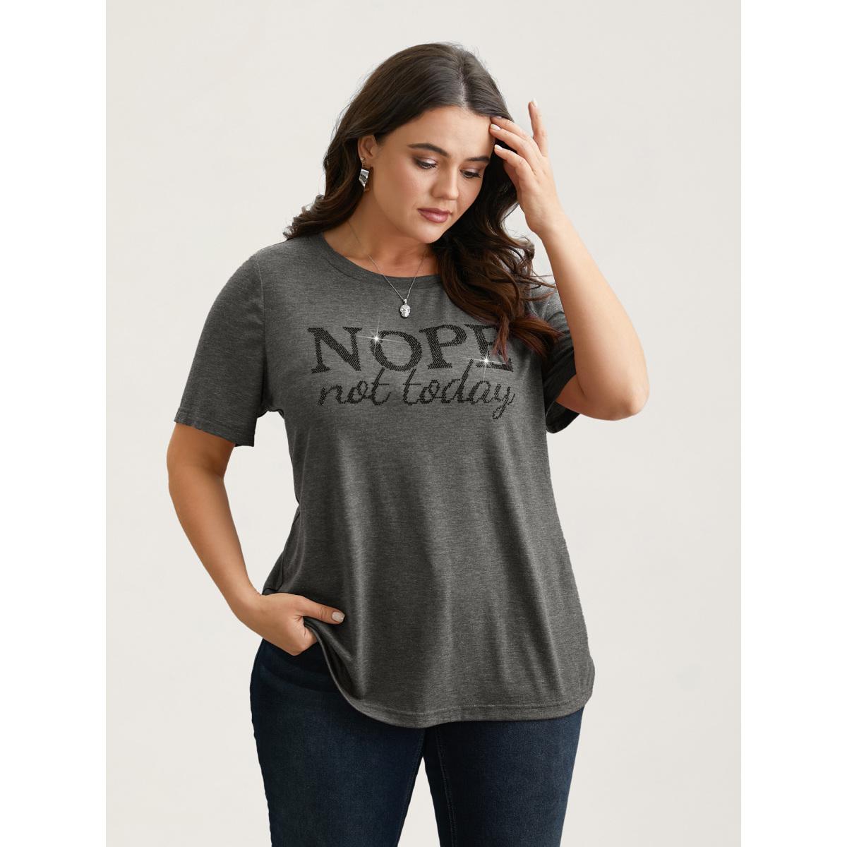 Plus Size Nope Not Today Print Rhinestone Round Neck T-Shirt Deepred Women Leisure Rhinestone detailing Round Neck Casual T-shirts BloomChic 10/M Product Image