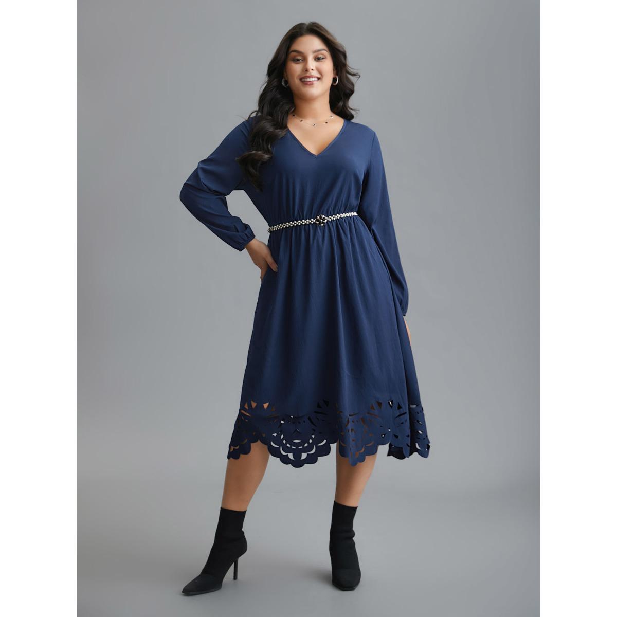 Plus Size Laser Cut Elastic Waist Pocketed Midi Dress Navy Women Elegant Texture V-neck Long Sleeve Curvy BloomChic 22-24/3X Product Image