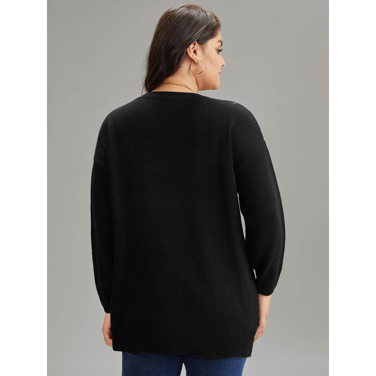 Plus Size Floral Print Two Tone Drop Shoulder Pullover Black Women Casual Loose Long Sleeve Round Neck Dailywear Pullovers BloomChic 12/L Product Image