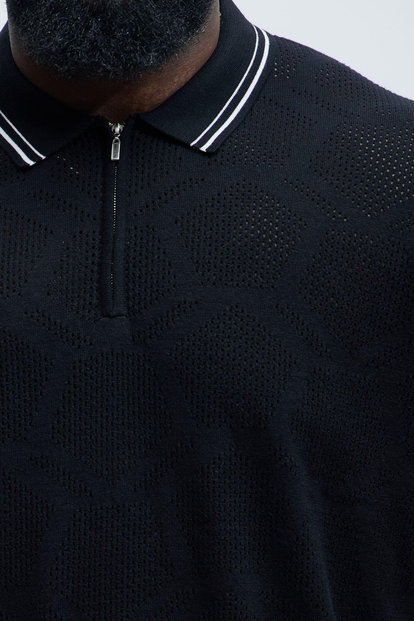 Mesh Pattern Quarter Zip Knit Polo - Black Product Image