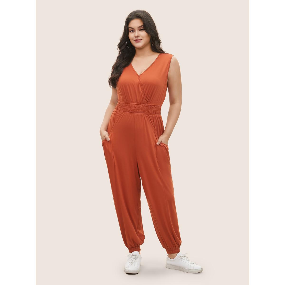 Plus Size OrangeRed Supersoft Essentials Wrap Patched Pocket Tank Jumpsuit Women Casual Sleeveless Overlap Collar Everyday Loose Jumpsuits BloomChic 10/M Product Image