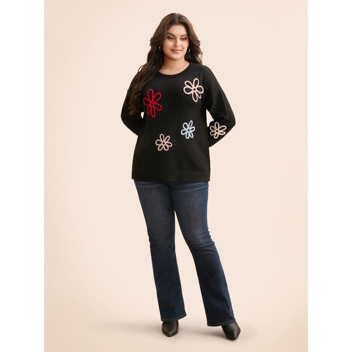 Plus Size Crochet Floral Crew Neck Pullover Black Women Casual Loose Long Sleeve Round Neck Everyday Pullovers BloomChic 18-20/2X Product Image