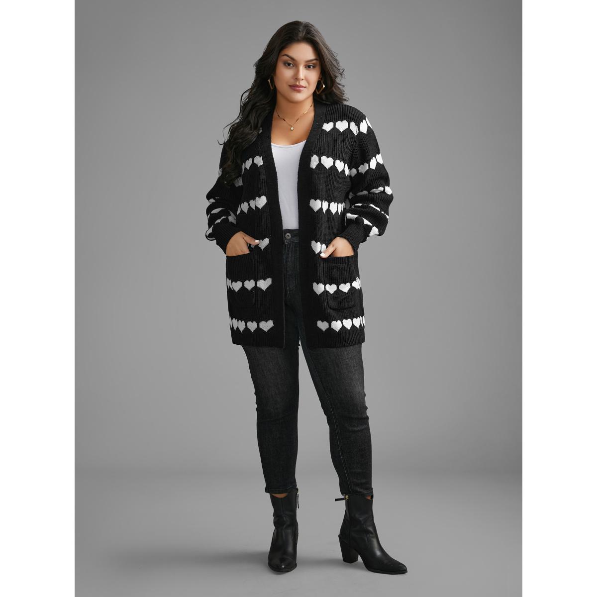 Plus Size Heart Pattern Jacquard Patch Pocket Cardigan Black Women Casual Loose Long Sleeve Everyday Cardigans BloomChic 18-20/2X Product Image