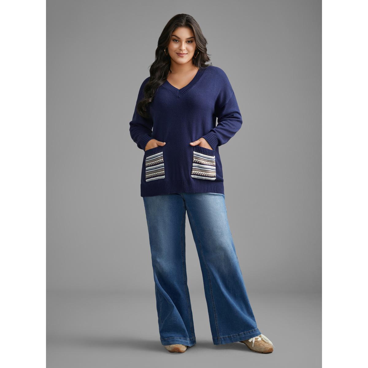 Plus Size Striped Jacquard Patched Pocket Pullover Indigo Women Casual Loose Long Sleeve V-neck Everyday Pullovers BloomChic 12/L Product Image