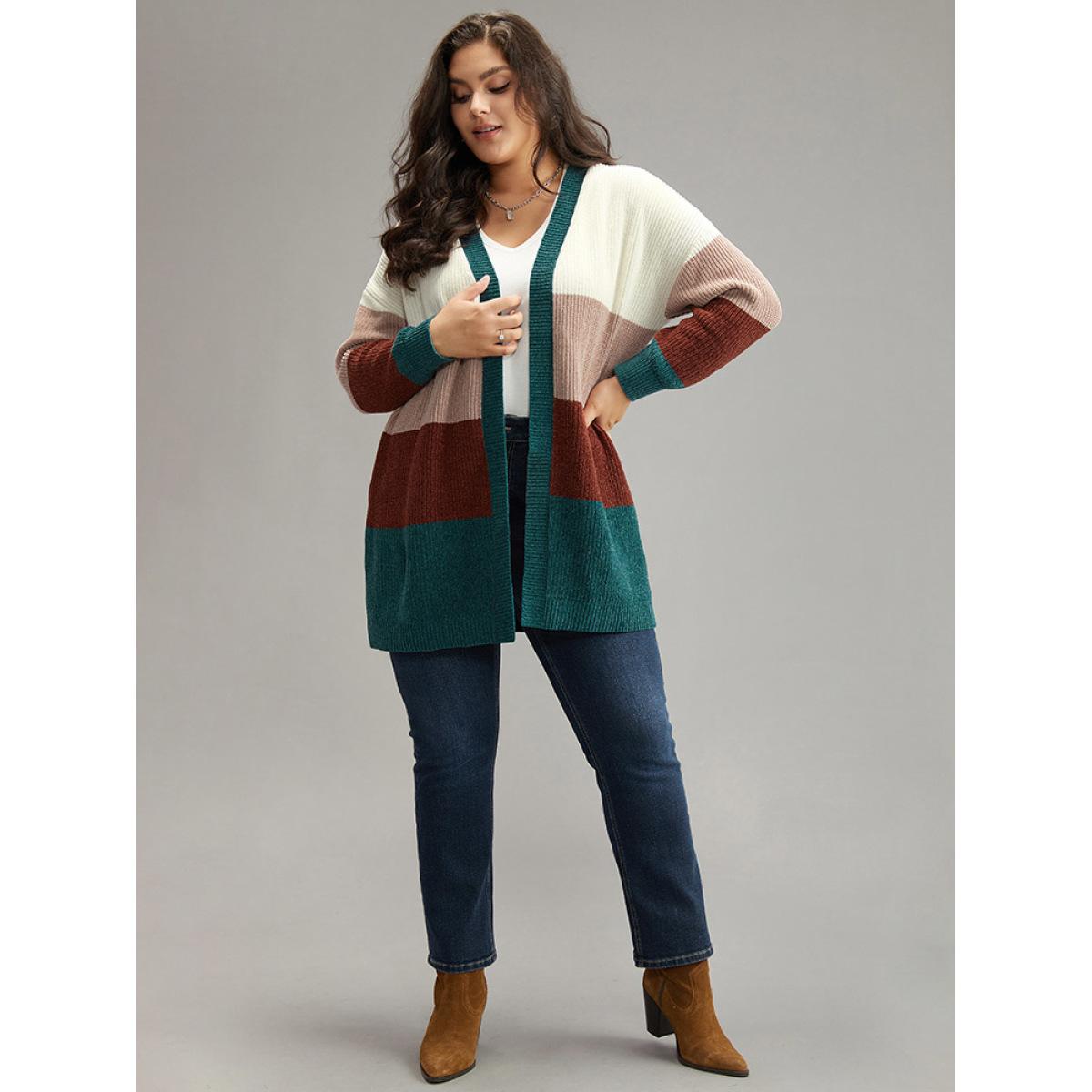 Plus Size Colorblock Contrast Open Front Cardigan Multicolor Women Casual Loose Long Sleeve Festival-Christmas Cardigans BloomChic 28/5X Product Image