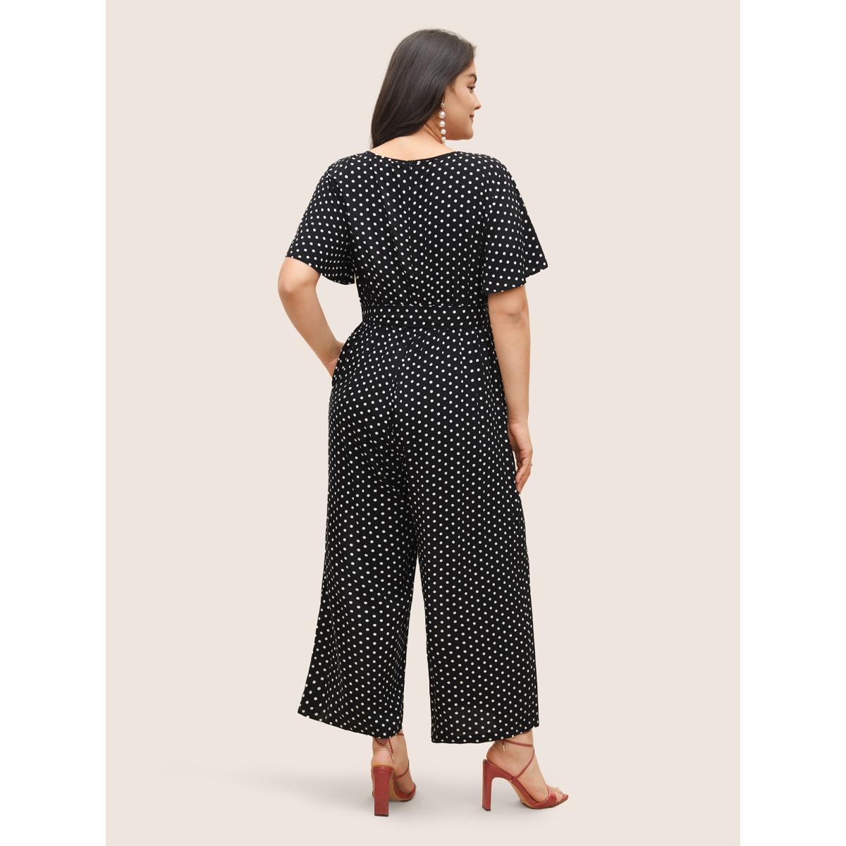 Plus Size Black Polka Dot Cut Out Zipper Belted Jumpsuit Women Elegant Short sleeve Notched collar Everyday Loose Jumpsuits BloomChic 26/4X Product Image