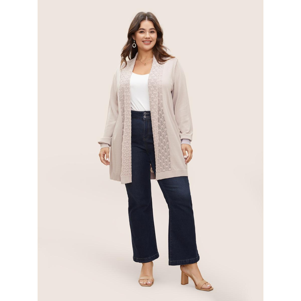 Plus Size Plain Lapel Collar Pointelle Knit Backless Cardigan Apricot Women Casual Long Sleeve Everyday Cardigans BloomChic 14-16/1X Product Image