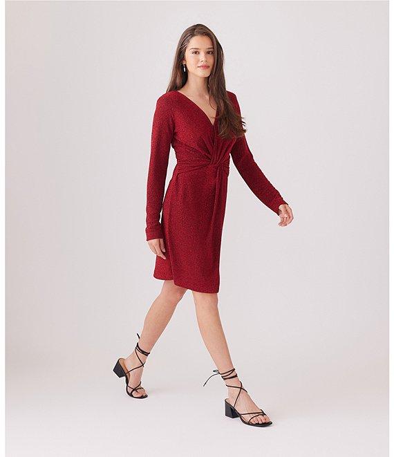 Karen Kane Soft Metallic Knit Surplice V-Neck Long Sleeve Front Twist Stretch Sheath Dress Product Image
