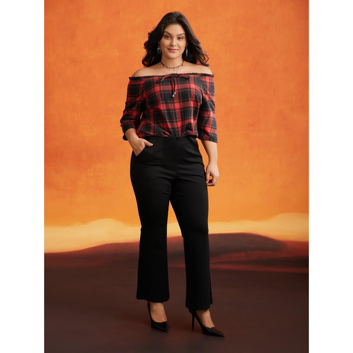 Plus Size Scarlet Mystic Off-Shoulder Slimming Tie Plaid Blouse Women Elegant Elbow-length sleeve One-shoulder neck Everyday Blouses BloomChic 10/M Product Image