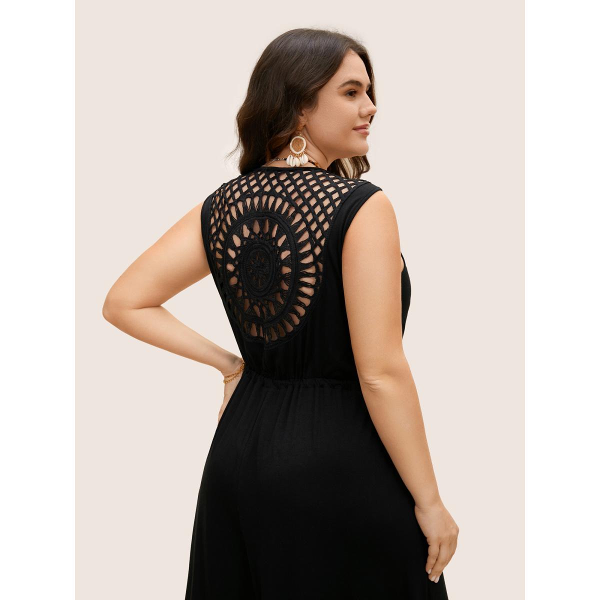 Plus Size Black V Neck Crocheted Cut Out Jumpsuit Women Boho Sleeveless V-neck Vacation Loose Jumpsuits BloomChic 14-16/1X Product Image