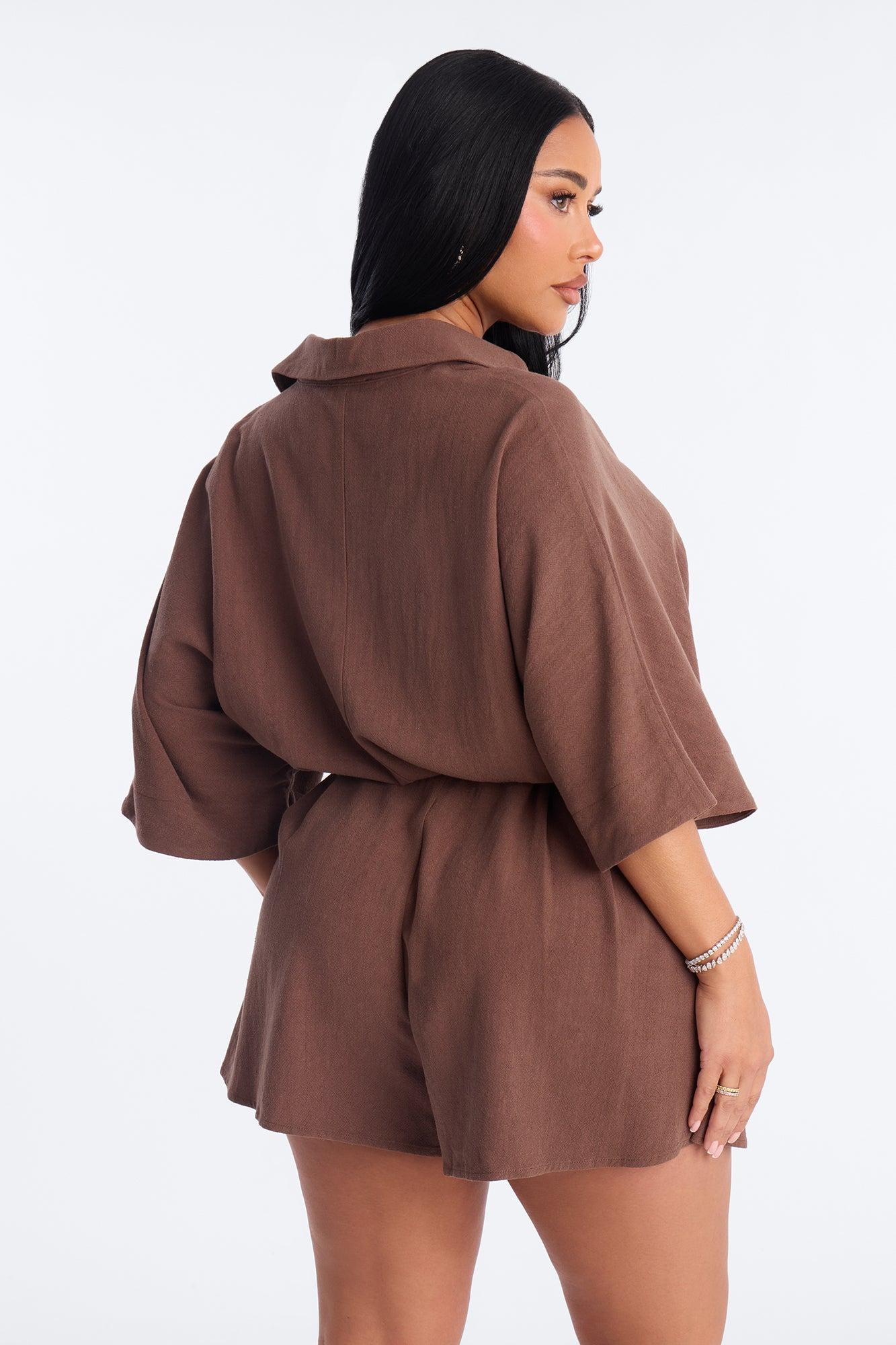 Charlotte Linen Romper - Chocolate Female Product Image