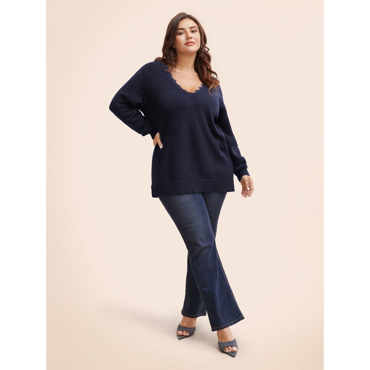 Plus Size V Neck Lace Patchwork Backless Pullover Indigo Women Elegant Long Sleeve V-neck Everyday Pullovers BloomChic 30/6X Product Image