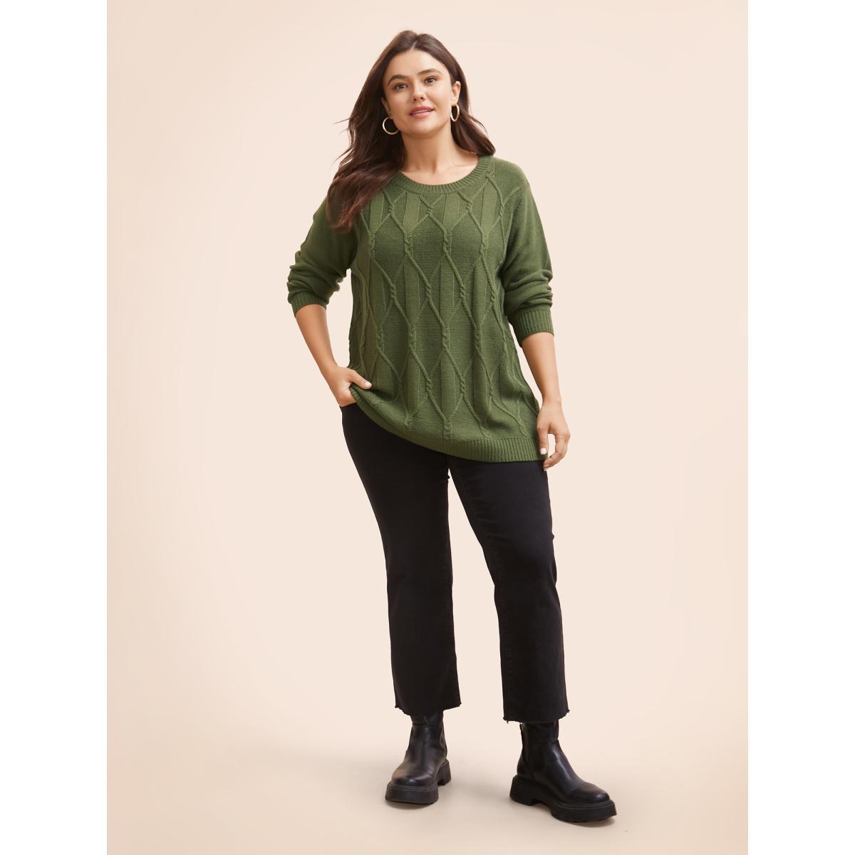 Plus Size Plain Cable Knit Round Neck Pullover Moss Women Casual Long Sleeve Round Neck Everyday Pullovers BloomChic 12/L Product Image