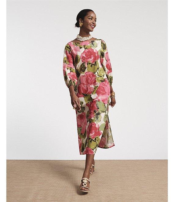 FRANCES VALENTINE Minnow Pretty Peonies Print Boatneck 3/4 Bishop Sleeve Midi Dress Product Image