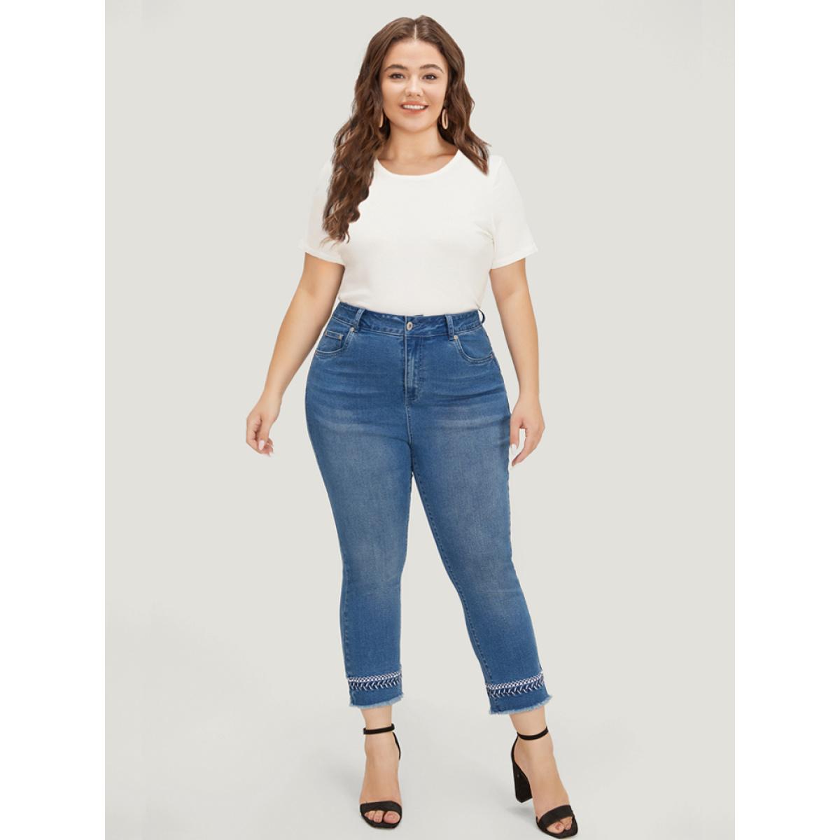 Plus Size Very Stretchy Medium Wash Embroidered Raw Hem Jeans Women Blue Elegant Plain Embroidered High stretch Pocket Jeans BloomChic 12/L Product Image