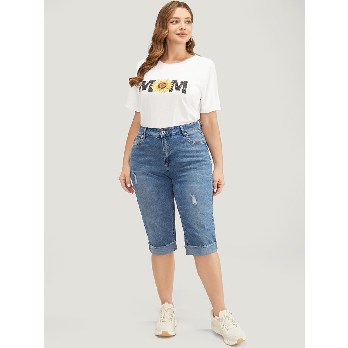 Plus Size Moderately Stretchy Roll Hem Ripped Knee Denim Shorts Women Blue Casual Plain Medium stretch Slanted pocket Jeans BloomChic 12/L Product Image