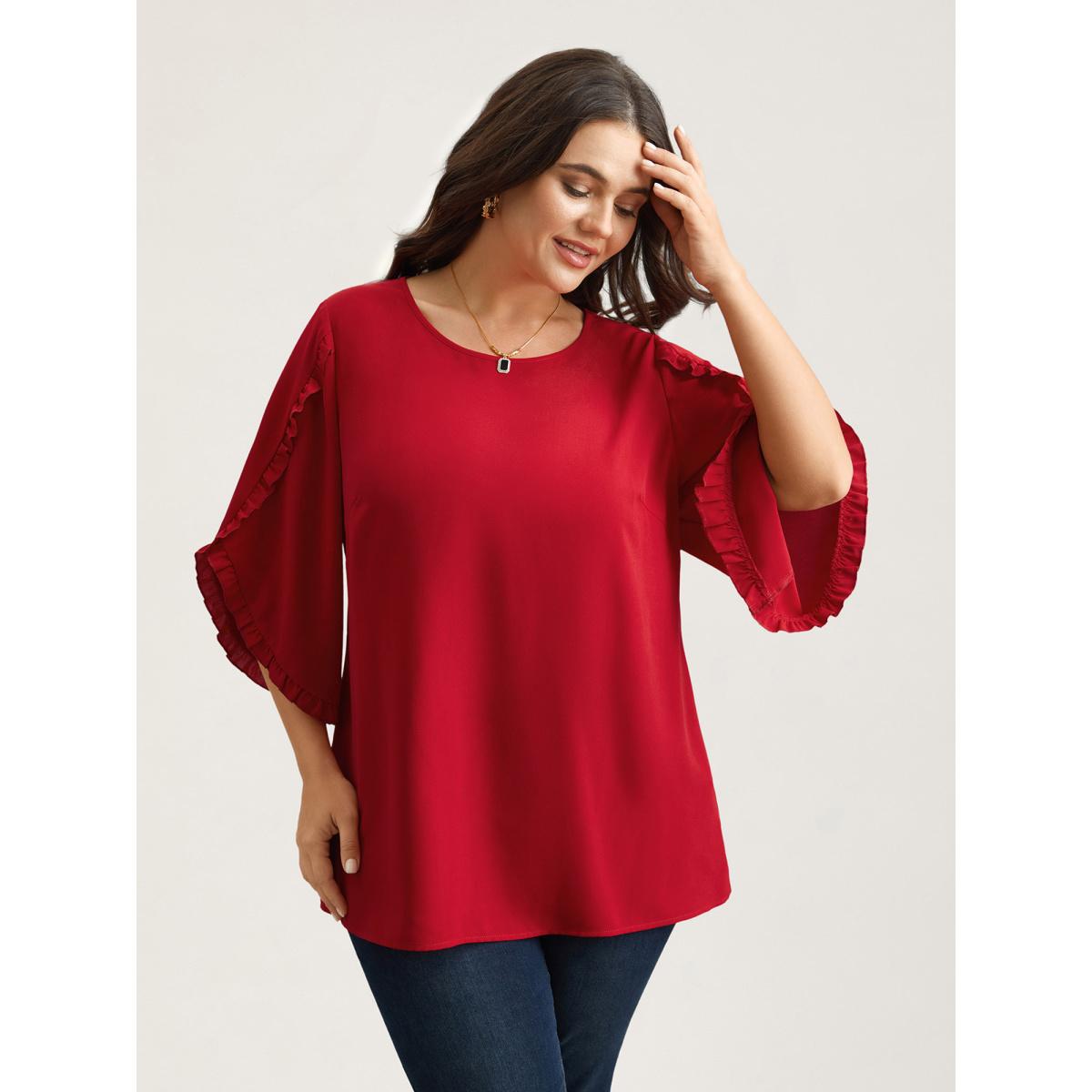 Plus Size Crimson Ruffled Bud Sleeve Round Neck Shirt Women Elegant Elbow-length sleeve Round Neck Everyday Blouses BloomChic 14-16/1X Product Image
