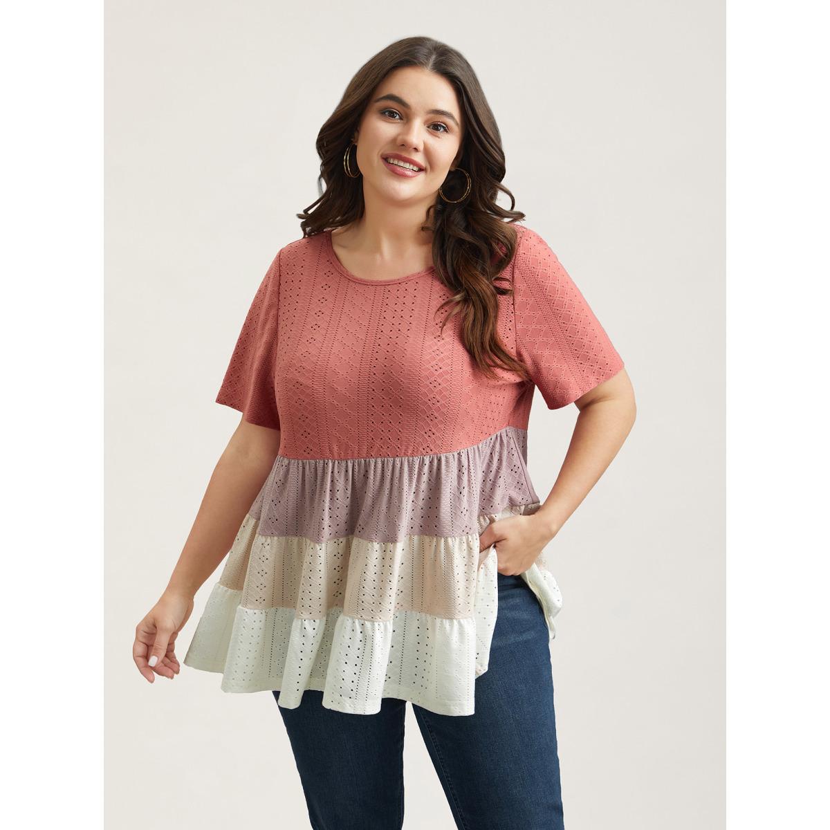 Plus Size Color Contrast Layered Ribbed T-Shirt Multicolor Women Casual Texture Round Neck Everyday T-shirts BloomChic 10/M Product Image