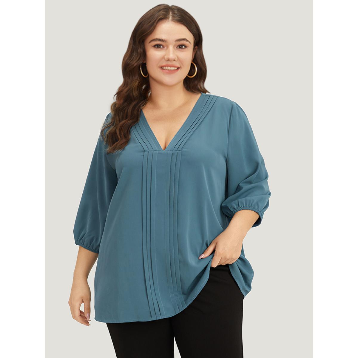 Plus Size Aegean Plain Pleated Detail Elastic Cuffs V Neck Blouse Women Office Elbow-length sleeve V-neck Work Blouses BloomChic 30/6X Product Image