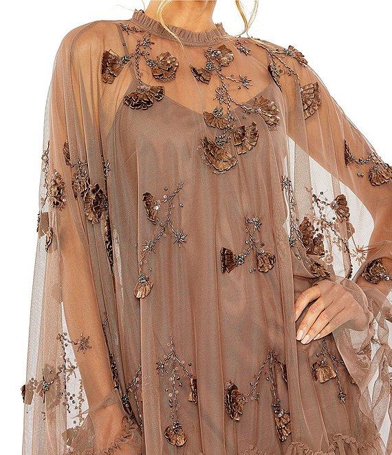 Mac Duggal Mock Neck Long Flared Sleeve Mesh A-Line Mini Dress Product Image