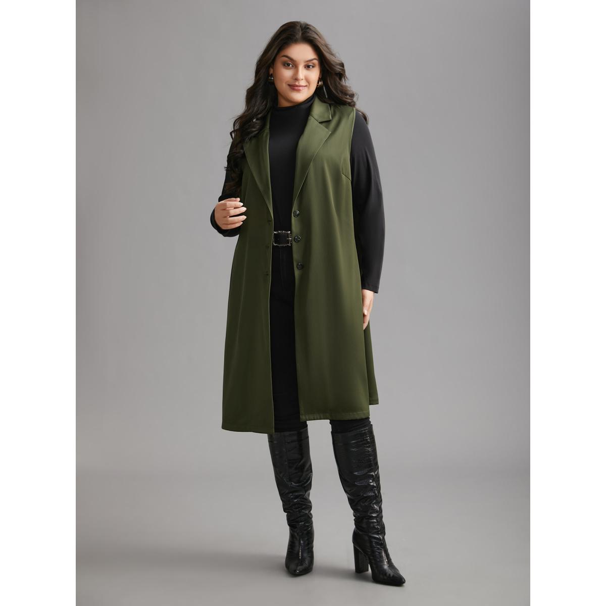 Plus Size Solid Lapel Collar Pockets Coat Women ArmyGreen Elegant Button Loose Ladies Everyday Winter Coats BloomChic 22-24/3X Product Image