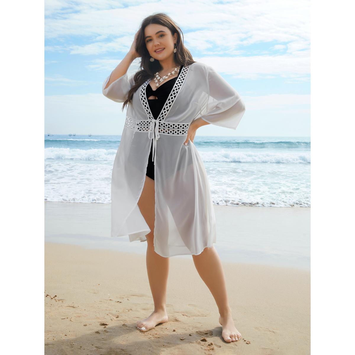 Plus Size Lace Patchwork Sheer Open-Front Kimono Women Originalwhite Elegant Woven ribbon&lace trim Everyday Kimonos BloomChic 18-20/2X Product Image