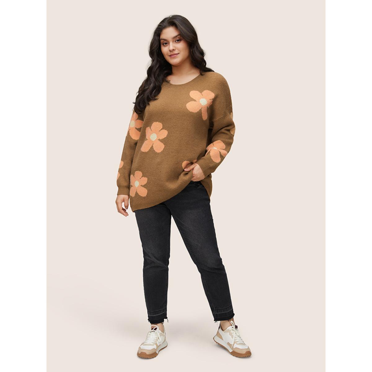 Plus Size Supersoft Essentials Drop Shoulder Floral Jacquard Pullover Chocolate Women Casual Loose Long Sleeve Round Neck Dailywear Pullovers BloomChic 18-20/2X Product Image