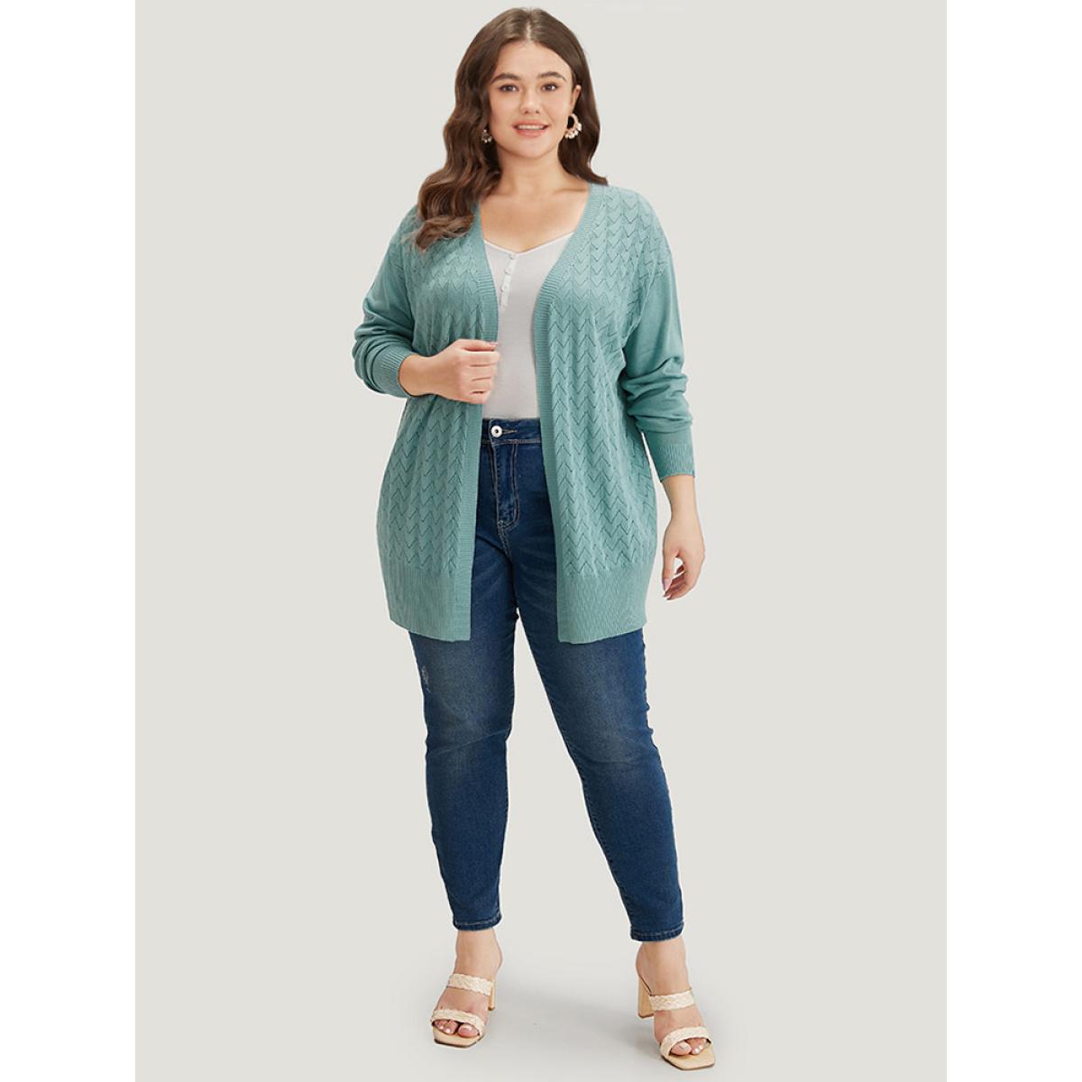 Plus Size Supersoft Essentials Geometric Eyelet Open Front Cardigan Emerald Women Casual Loose Long Sleeve Dailywear Cardigans BloomChic 30/6X Product Image