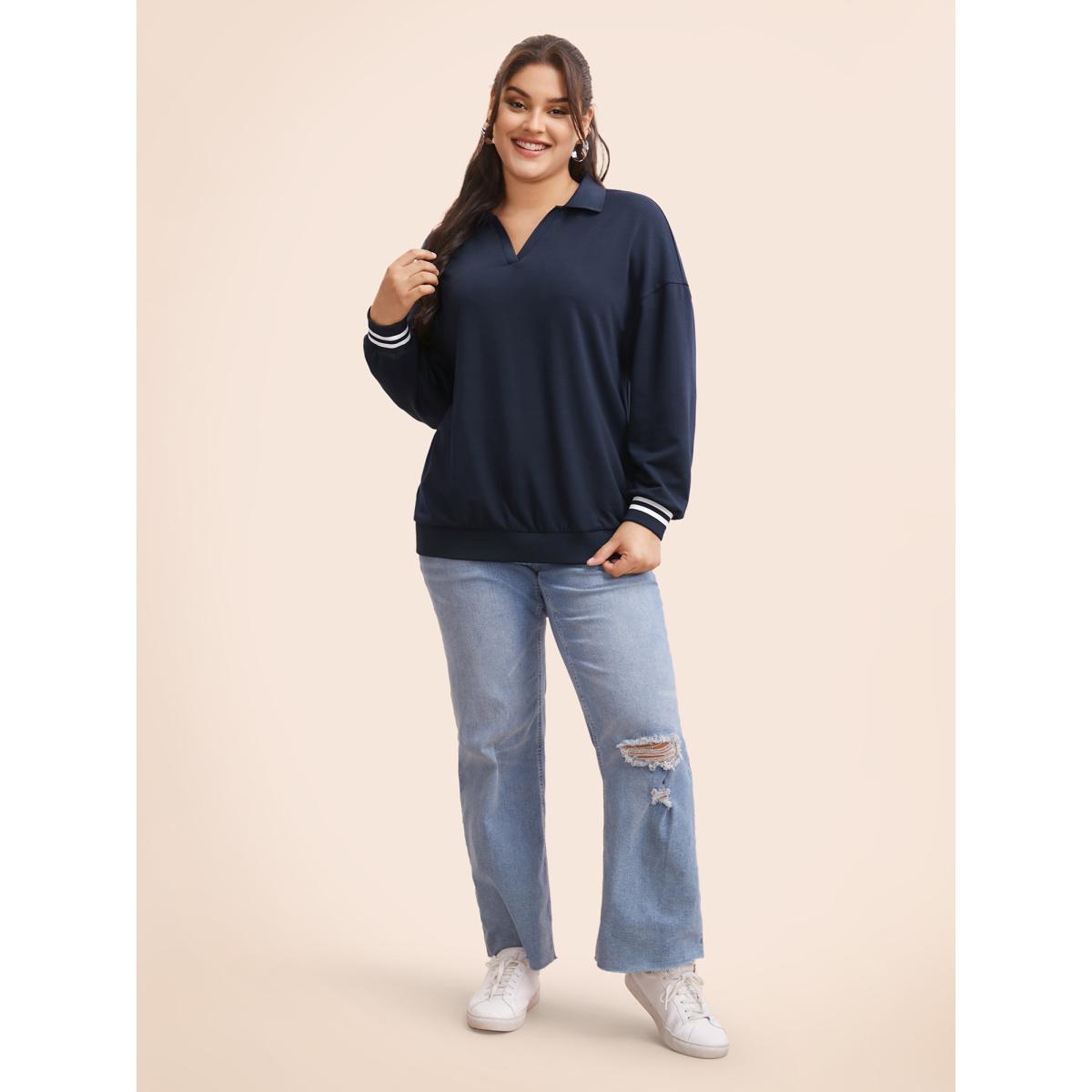 Plus Size Polo Neck Contrast Trim Drop Shoulder Sweatshirt Women Midnight Casual Contrast Polo Everyday Sweatshirts BloomChic 10/M Product Image