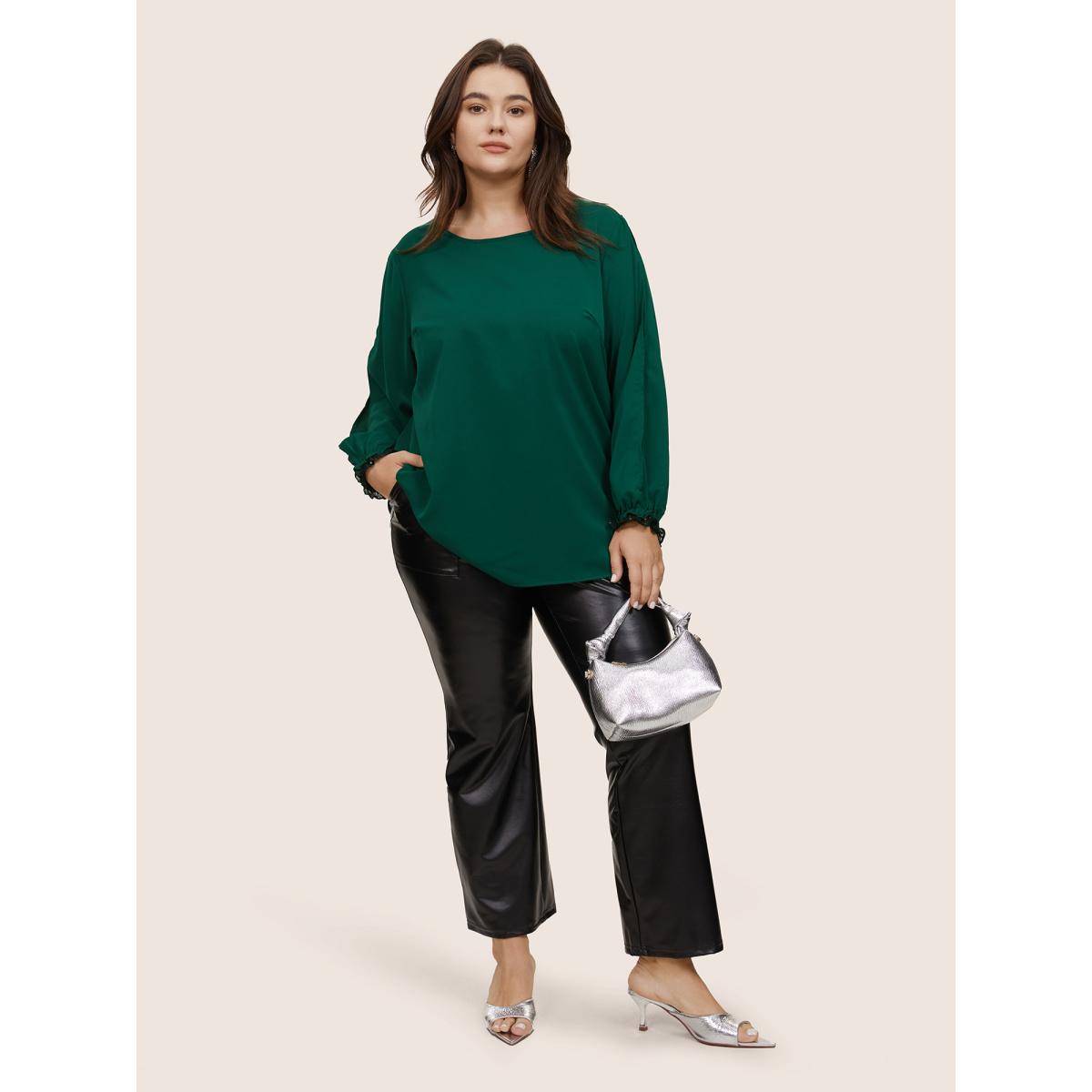 Plus Size DarkGreen Sequin Mesh Patchwork Lantern Sleeve Blouse Women Glamour Long Sleeve Round Neck Going out Blouses BloomChic 14-16/1X Product Image