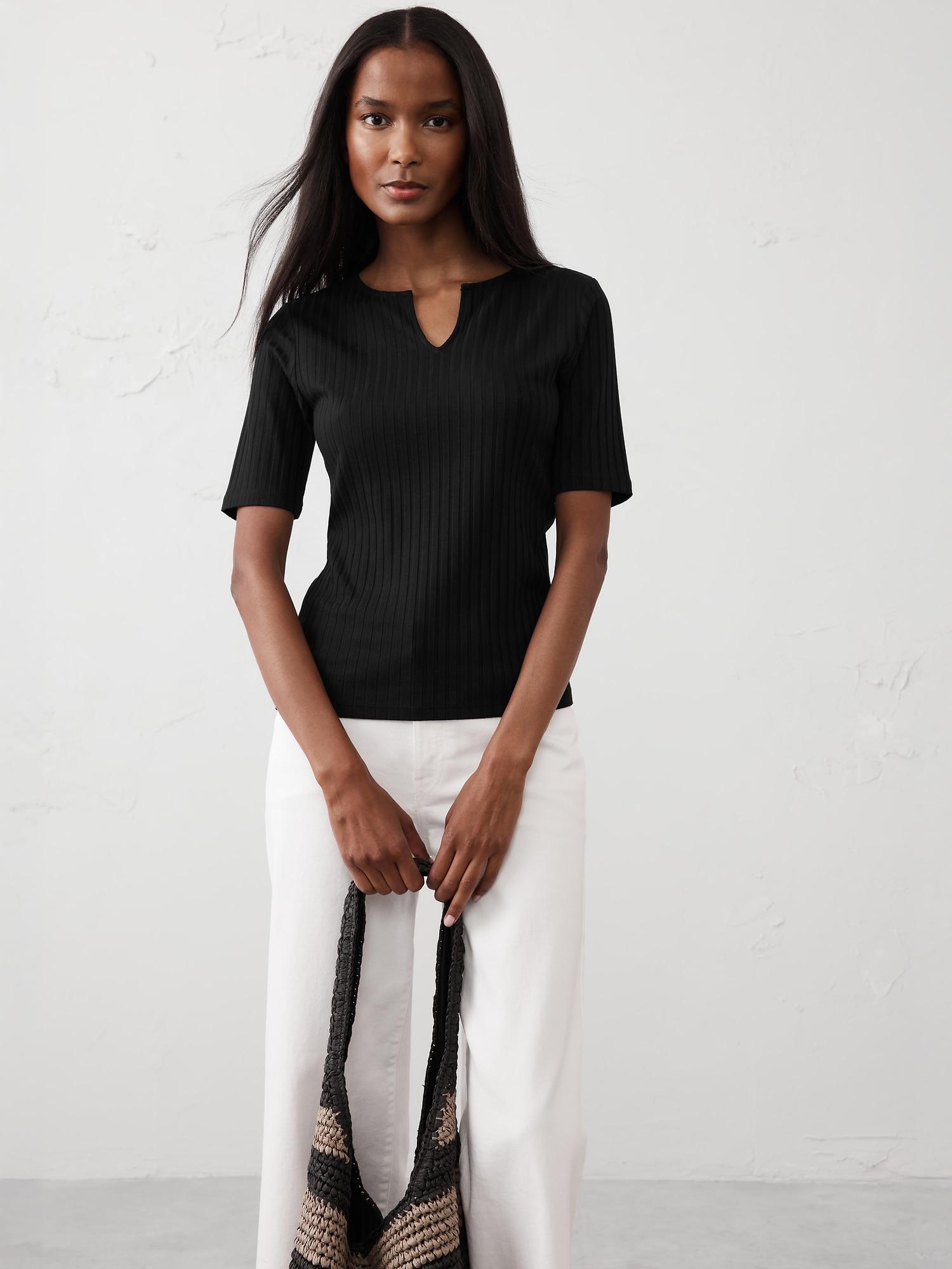 Wide Ribbed Split-Neck Top Product Image