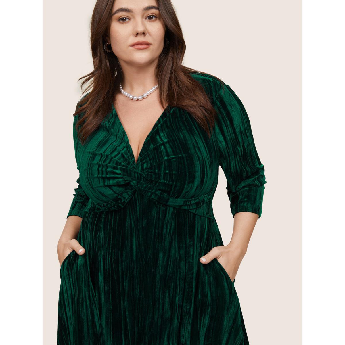 Plus Size Plain Velvet V Neck Twist Front Dress DarkGreen Women Cocktail Velvet V-neck Elbow-length sleeve Curvy Midi Dress BloomChic 14-16/1X Product Image
