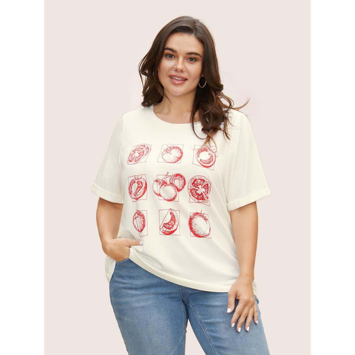 Plus Size Art & Design Tomato Print Round Neck T-shirt WhiteSmoke Women Casual Contrast Art&design Round Neck Everyday T-shirts BloomChic 12/L Product Image