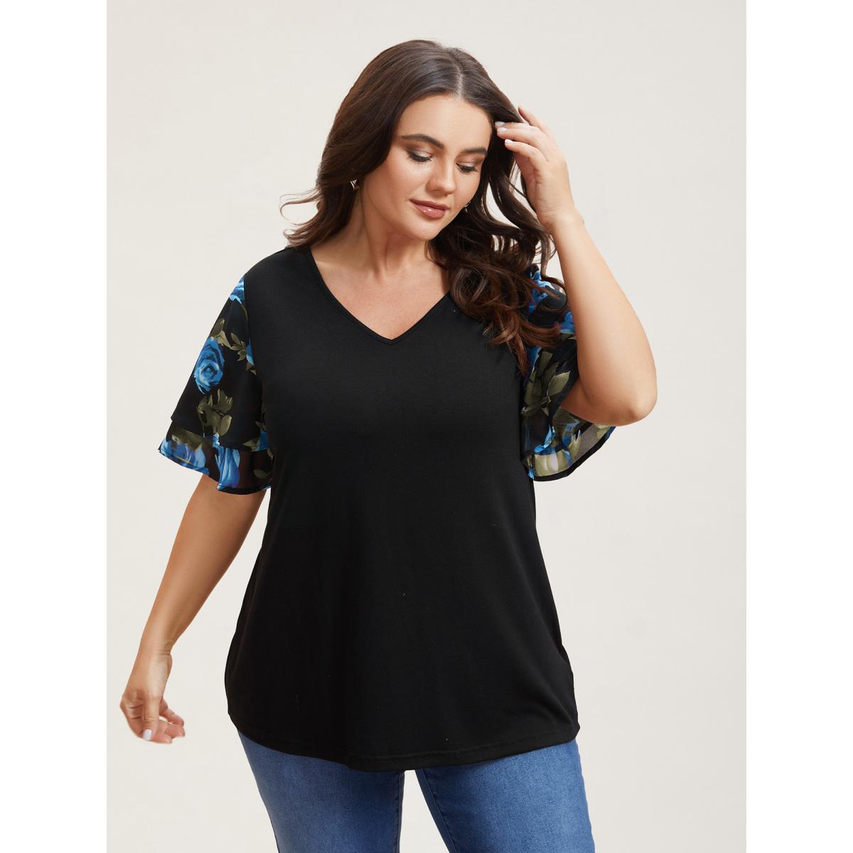 Plus Size Stretchy Floral Lotus Sleeve V-Neck T-Shirt Black Women Leisure Contrast Round Neck Casual T-shirts BloomChic 18-20/2X Product Image