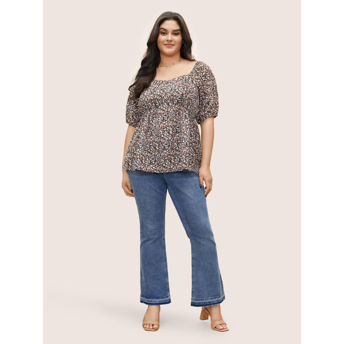Plus Size BlackFlower Ditsy Floral Square Neck Elastic Waist Blouse Women Elegant Short sleeve Square Neck Everyday Blouses BloomChic 22-24/3X Product Image