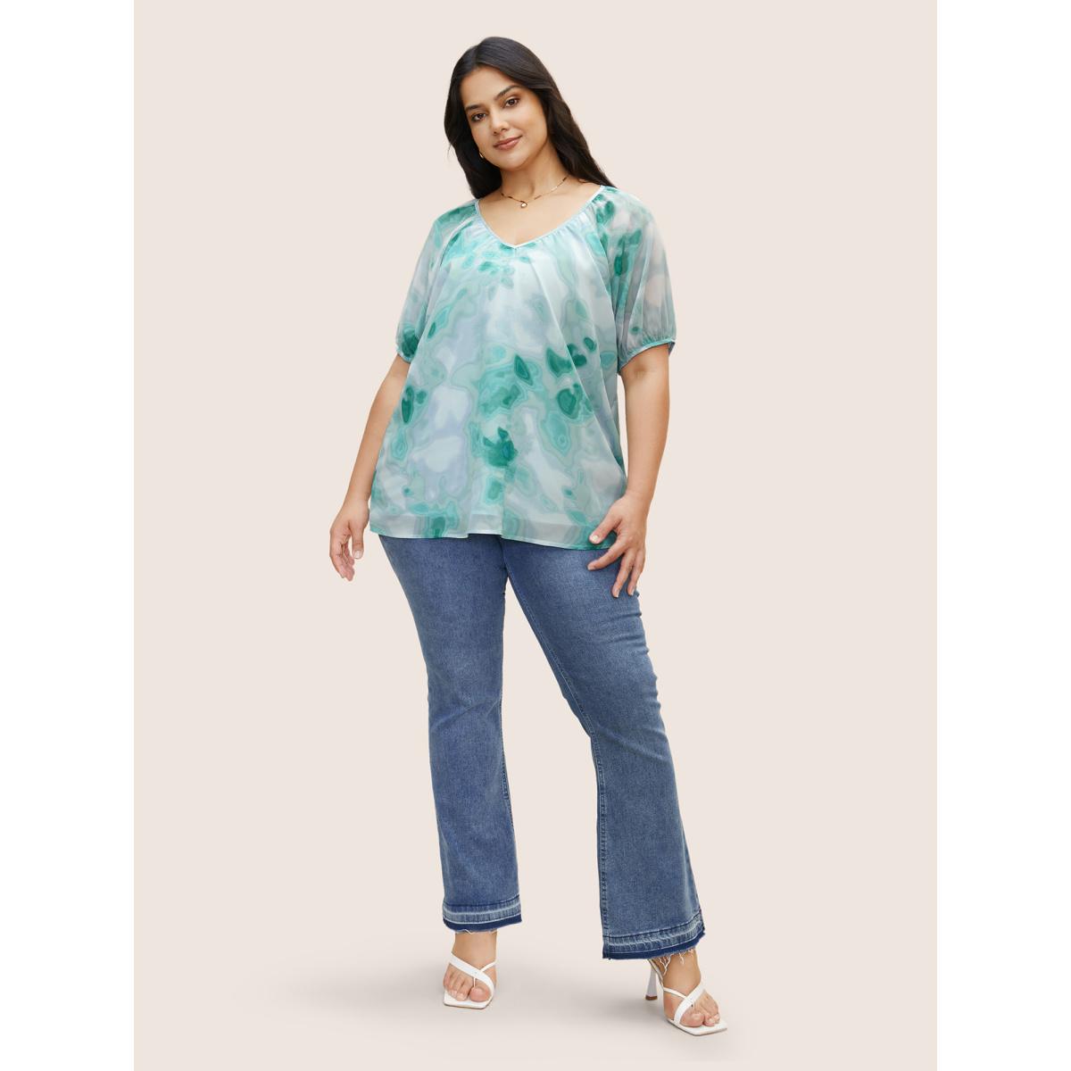 Plus Size Turquoise Synthetic Texture Raglan Sleeve Gathered Blouse Women Elegant Short sleeve V-neck Everyday Blouses BloomChic 10/M Product Image