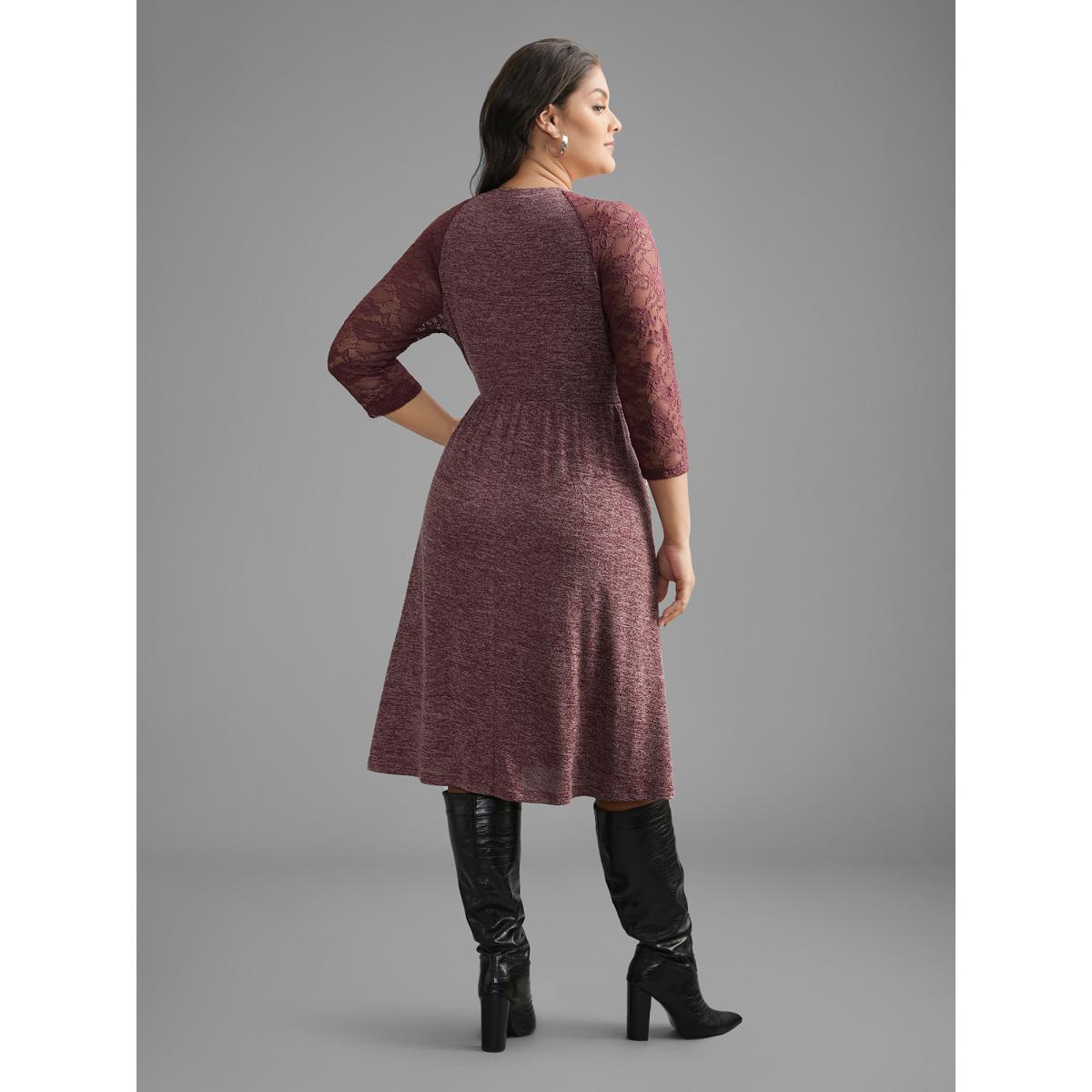 Plus Size Heather Lace Patchwork Mesh Midi Dress Burgundy Women Elegant Woven ribbon&lace trim Round Neck Elbow-length sleeve Curvy BloomChic 18-20/2X Product Image